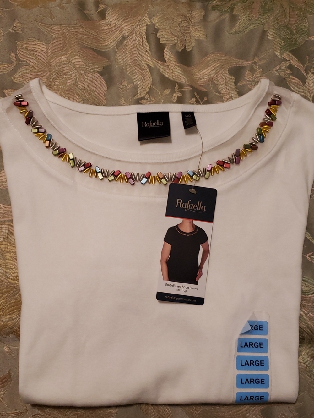 NWT-Rafaella Snow White Short-Sleeve Crewneck Top with Jeweled Neckline - Picture 5 of 8